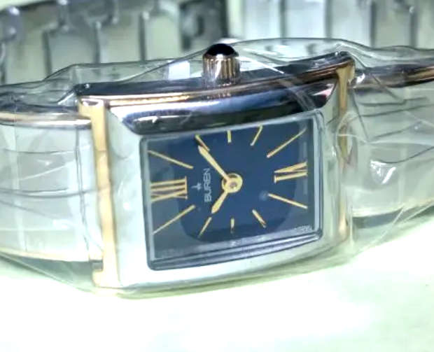 BUREN Two-Tone Stainless Steel Ladies Watch - Rectangular Dial / Blue Face / Gold Markers